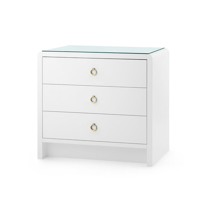 Villa & House Bryant 3-Drawer Side Table with Glass Top, White Pearl