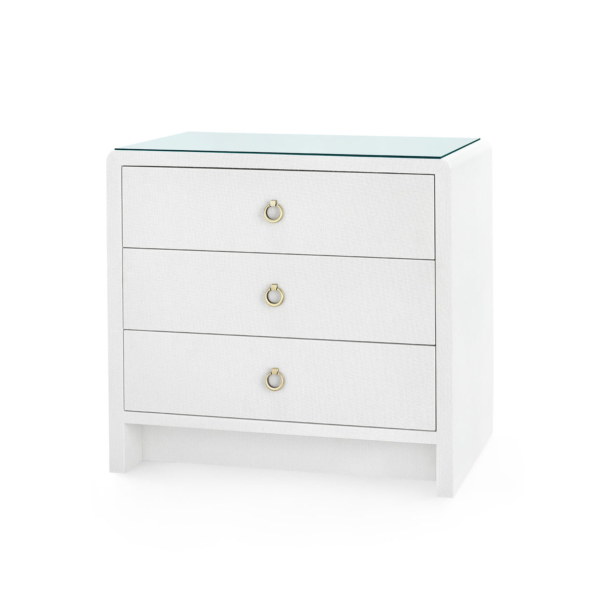 Villa & House Bryant Linen 3-Drawer Side Table with Glass Top, Chiffon White