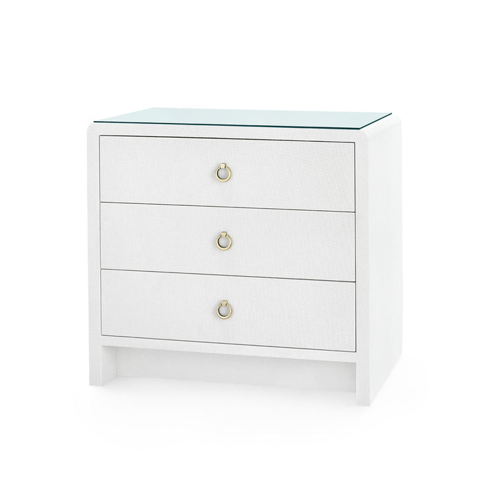 Villa & House Bryant Linen 3-Drawer Side Table with Glass Top, Chiffon White