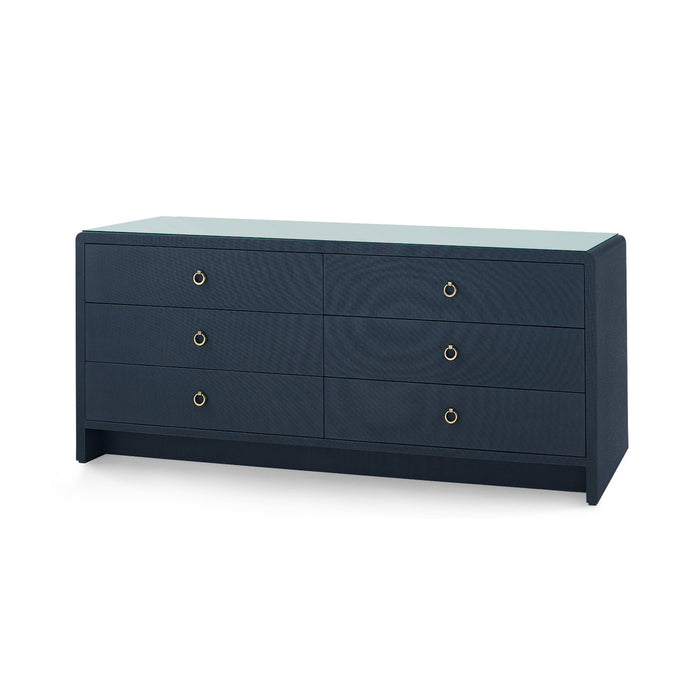 Villa & House Bryant Linen Extra Wide Large 6-Drawer with Glass Top, Blue Steel