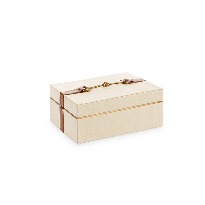 Beige jewelry box with a gold ribbon on a white background