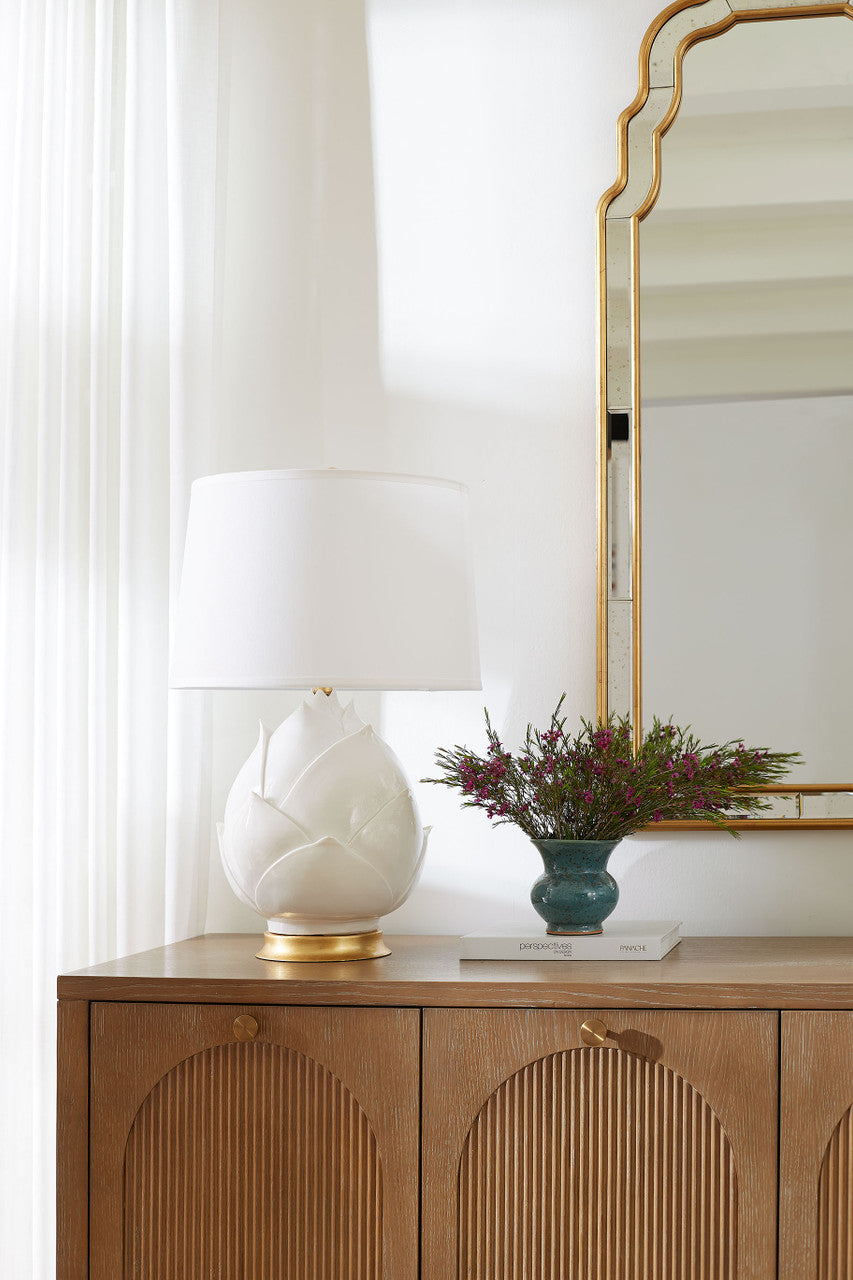 Villa & House Budding Lamp with Shade 17-inch White Linen, with Gold, Blanc de Chine