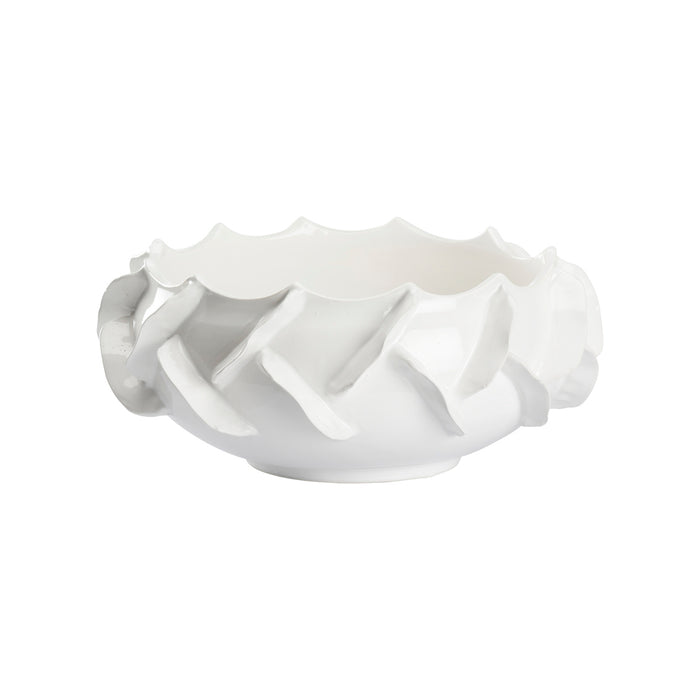 White ceramic vase with a textured surface on a white background
