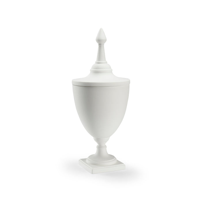 White decorative urn with a lid on a white background