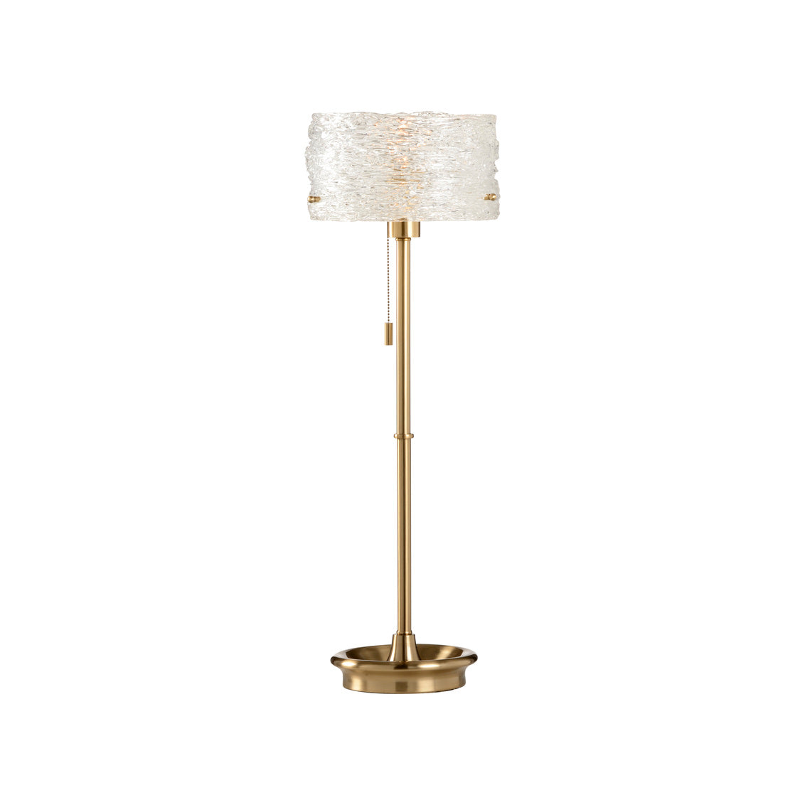 Floor lamp with gold base and textured white shade on a white background