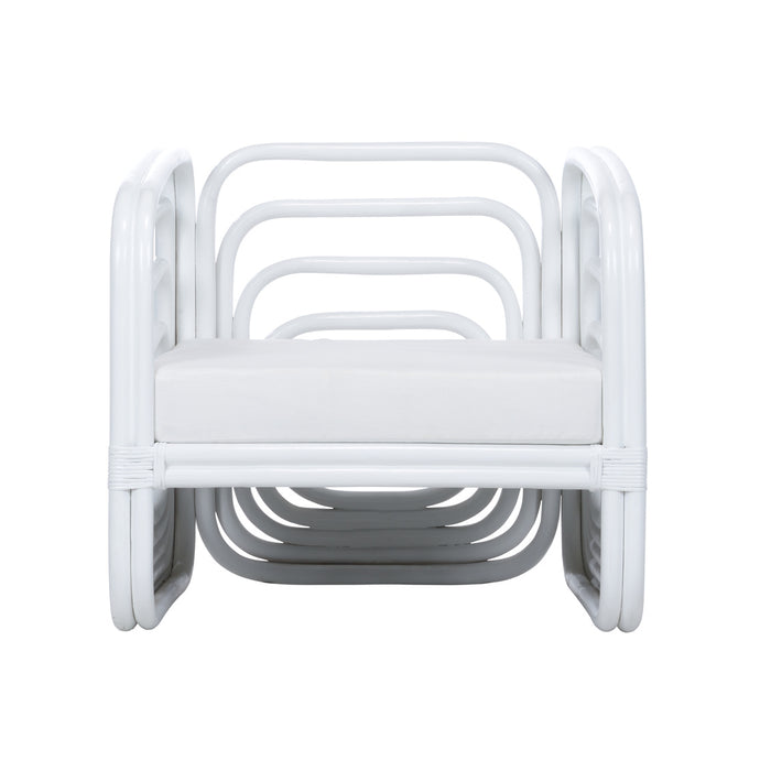 Stack of white metal chairs on a white background