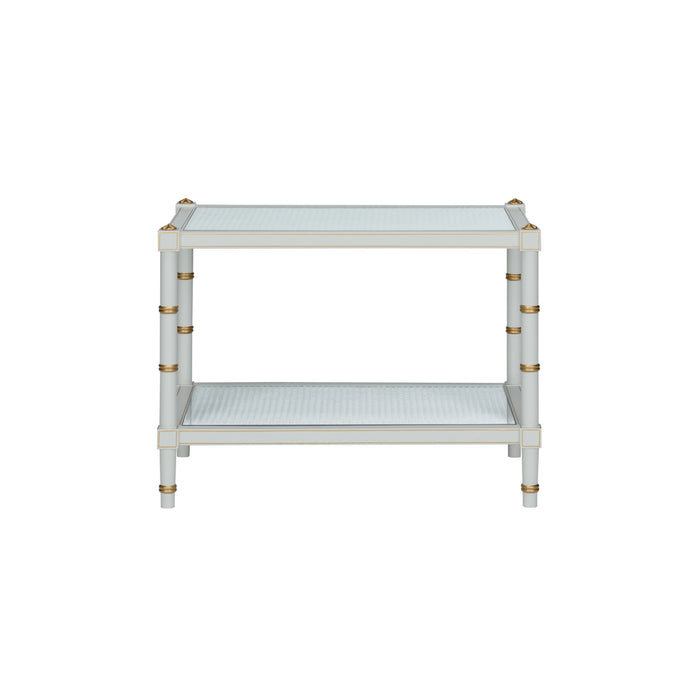 White side table with gold accents on a white background