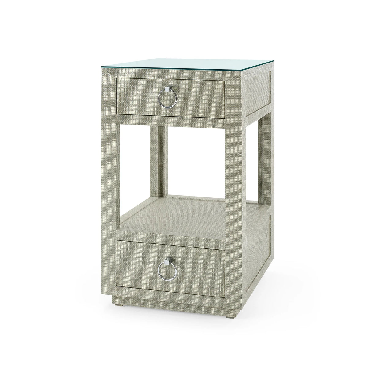 Villa & House Camilla 2-Drawer Side Table with Glass Top, Moss Gray Tweed