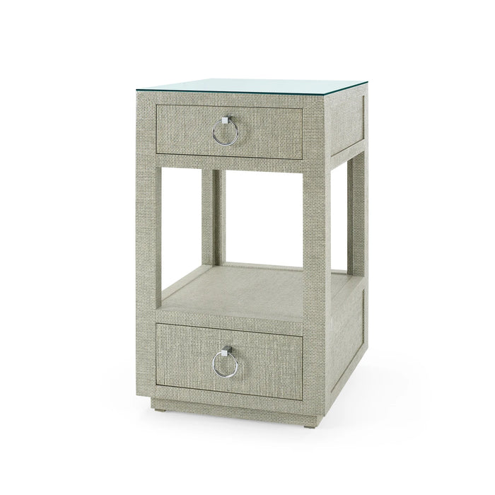 Villa & House Camilla 2-Drawer Side Table with Glass Top, Moss Gray Tweed