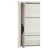 Glass display cabinet with a metallic handle on a white background