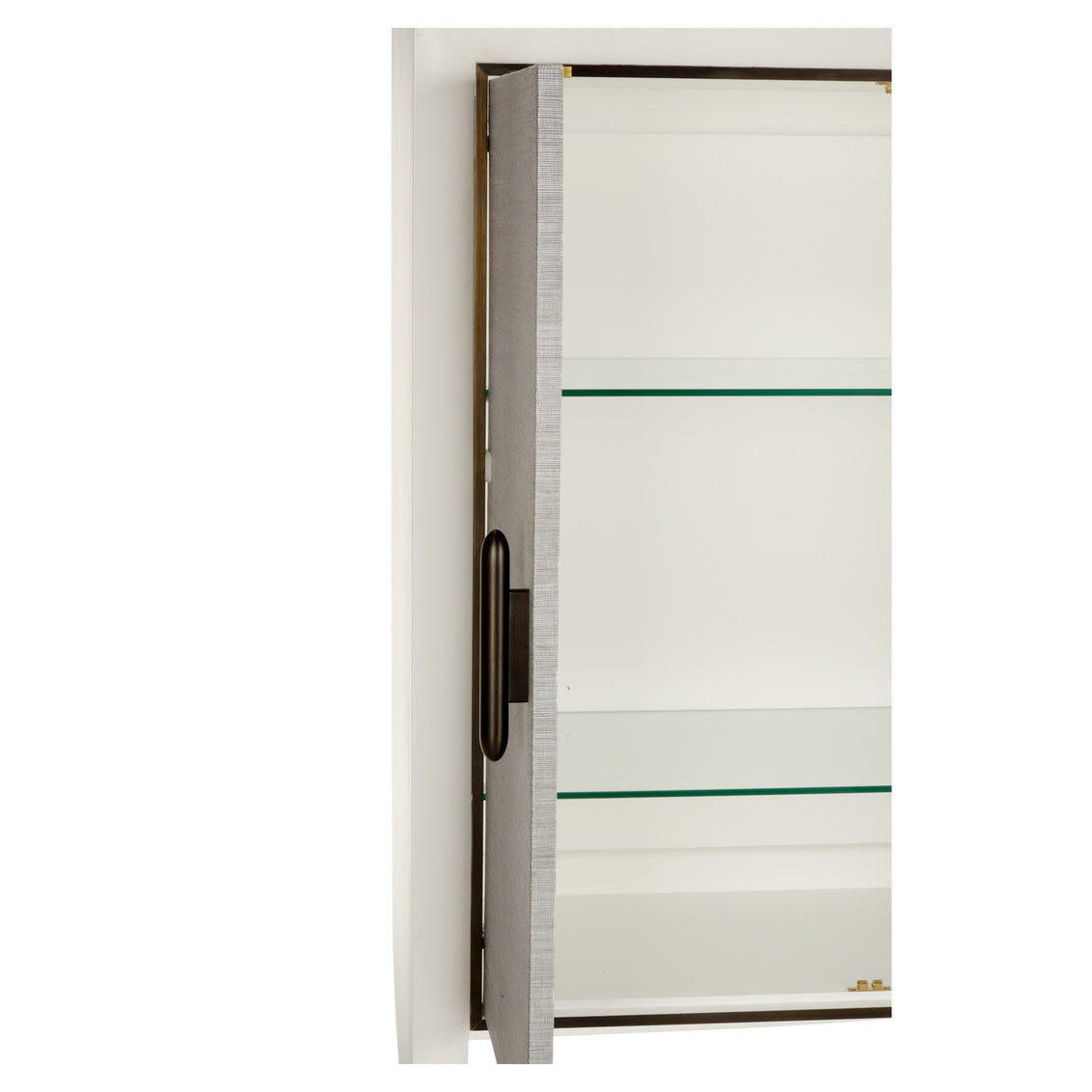 Glass display cabinet with a metallic handle on a white background