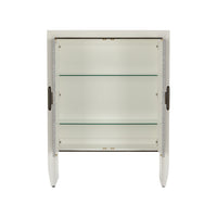 Glass display cabinet with white frame and bronze handles on a white background