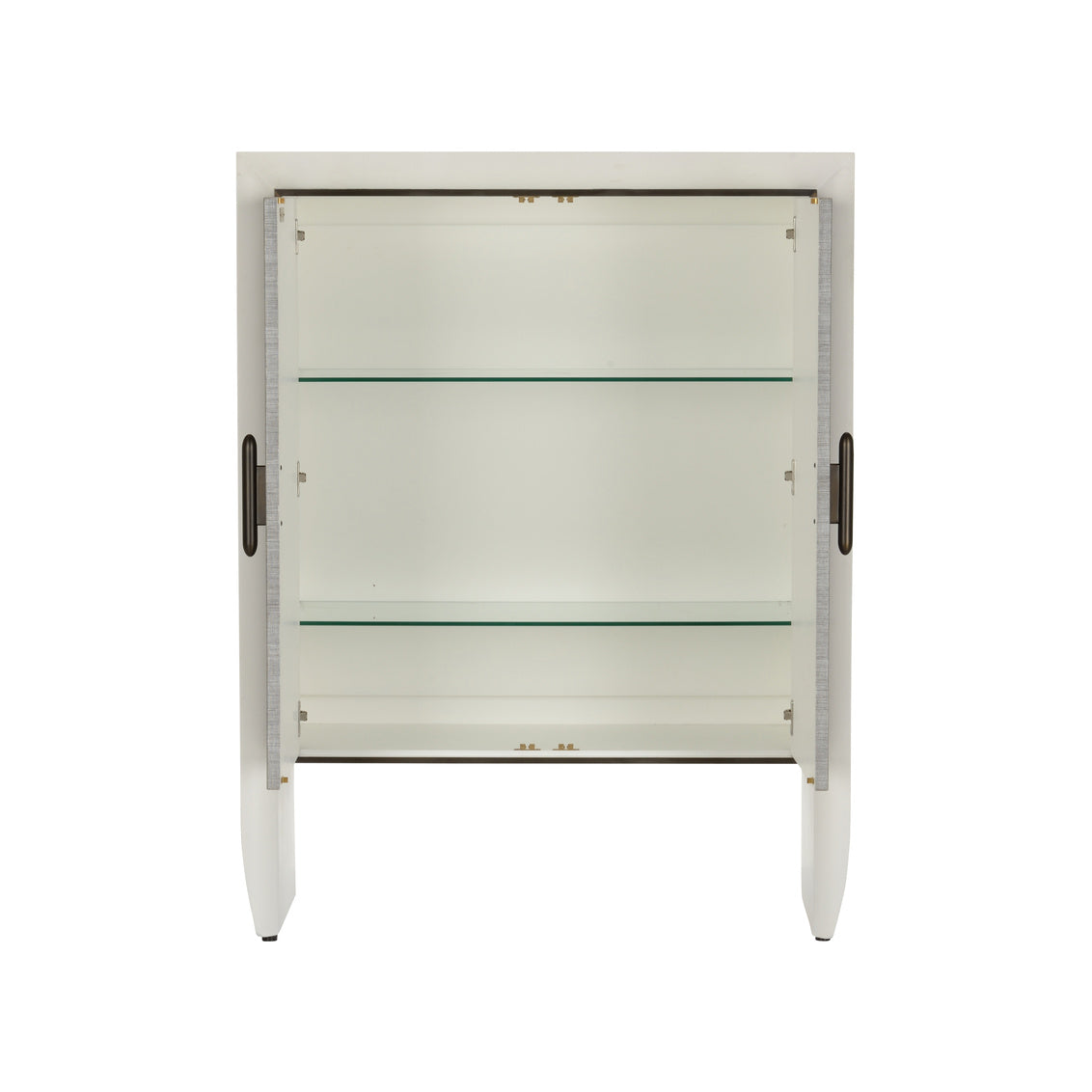 Glass display cabinet with white frame and bronze handles on a white background