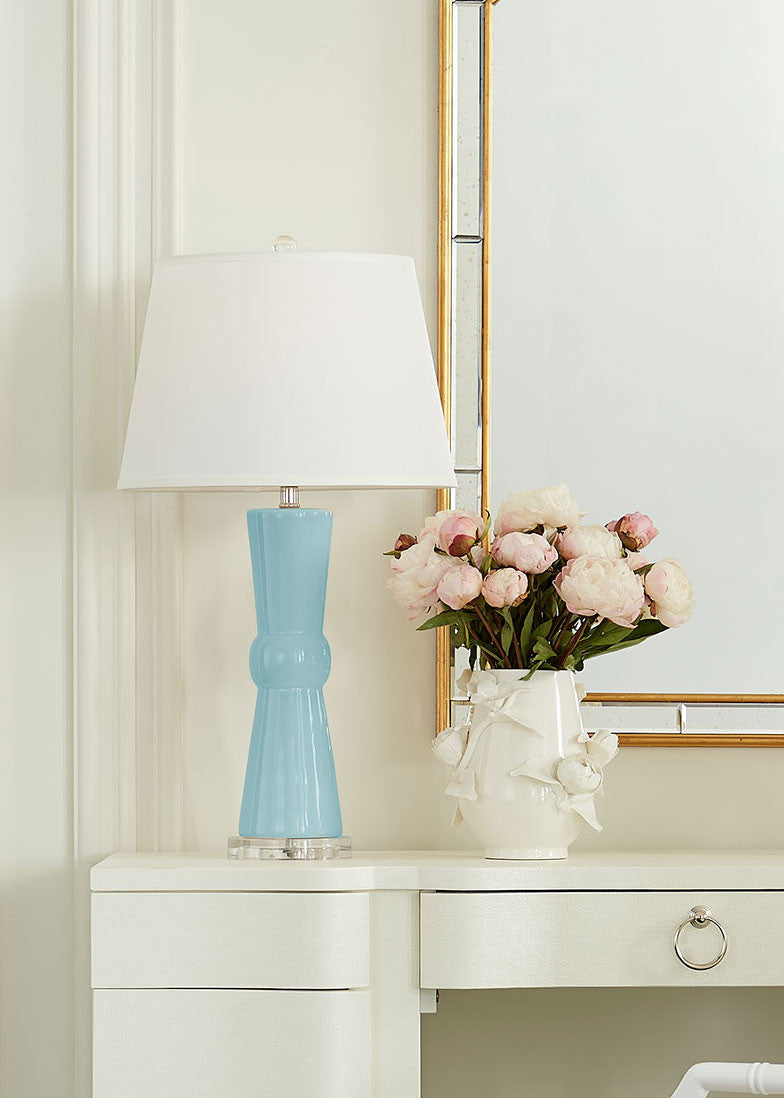 Villa & House Clarissa Lamp with Shade 16-inch White Linen, with Nickel, Light Turquoise