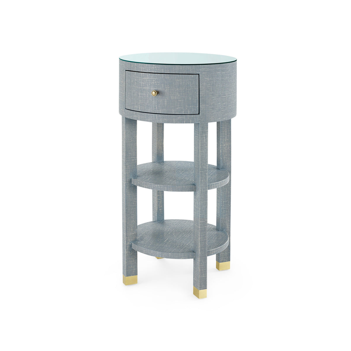 Villa & House Claudette 1-Drawer Round Side Table with Glass Top, Washed Winter Gray