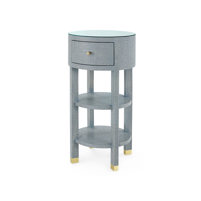 Villa & House Claudette 1-Drawer Round Side Table with Glass Top, Washed Winter Gray