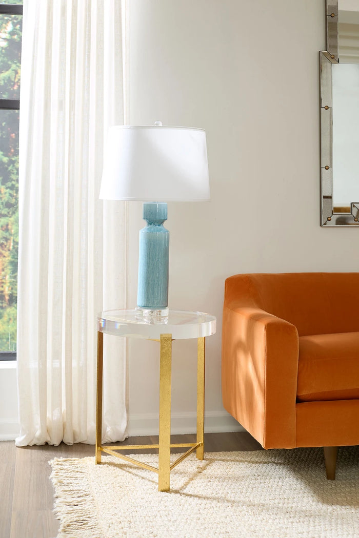 Villa & House Corinth Lamp with Shade 17-inch White Linen, with Nickel, Cloud Blue