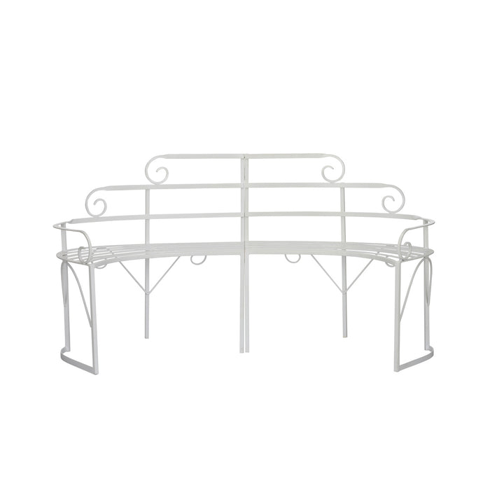 White metal garden bench with decorative backrest on a white background