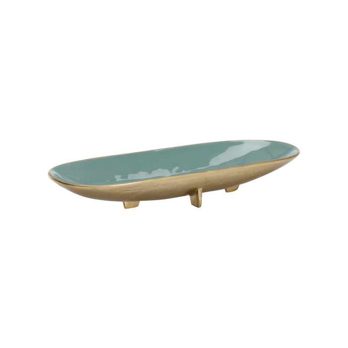Teal ceramic plate with beige rim on a white background