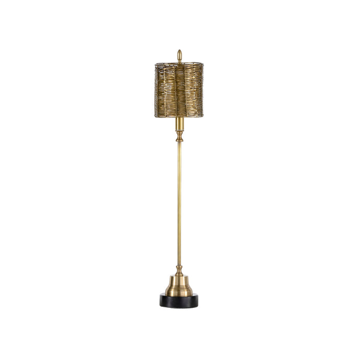 Floor lamp with gold and black design on a white background