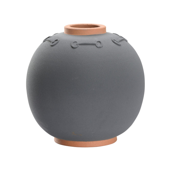 Gray ceramic vase with terracotta accents on a white background