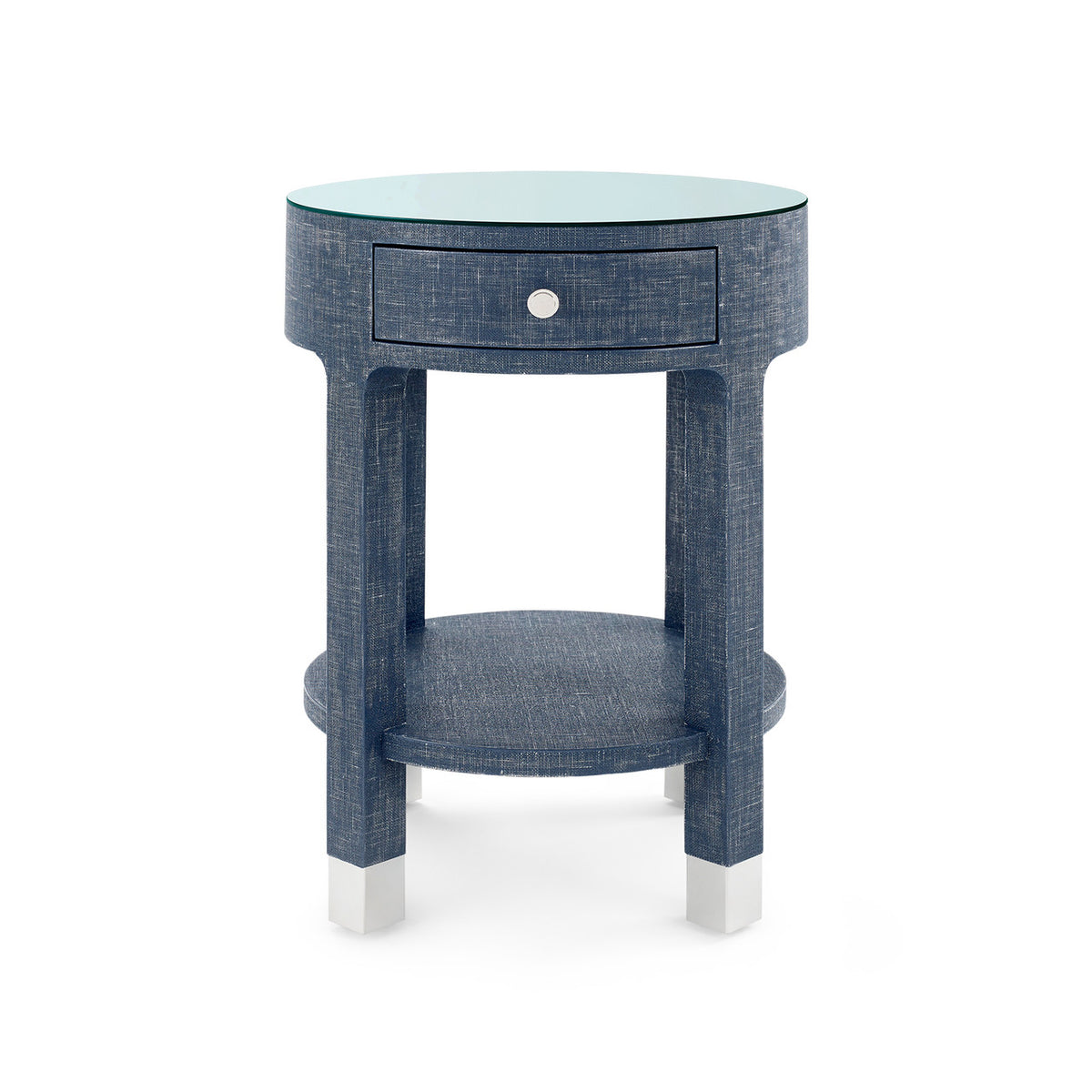 Villa & House Dakota 1-Drawer Round Side Table with Glass Top, Washed Blue Steel