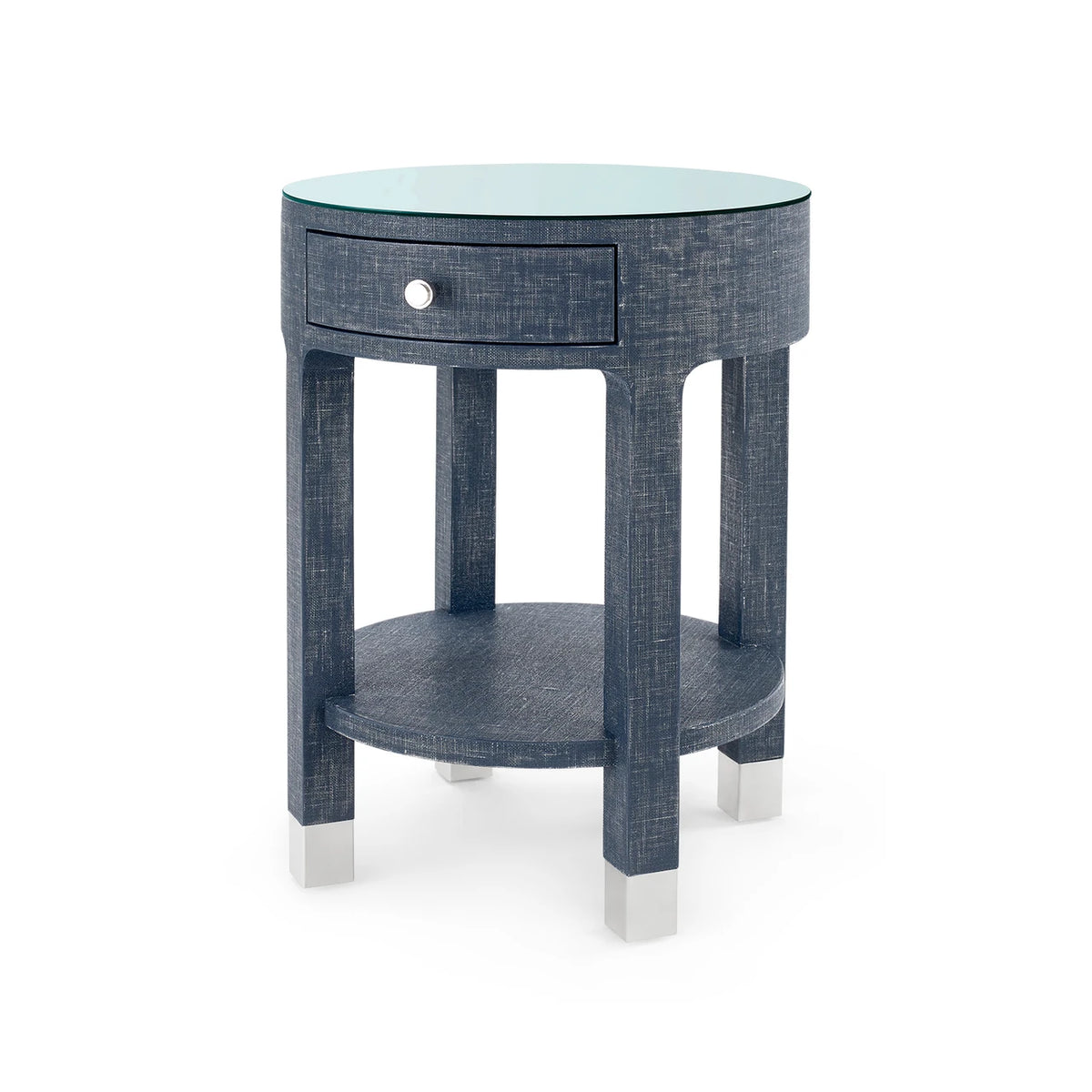 Villa & House Dakota 1-Drawer Round Side Table with Glass Top, Washed Blue Steel