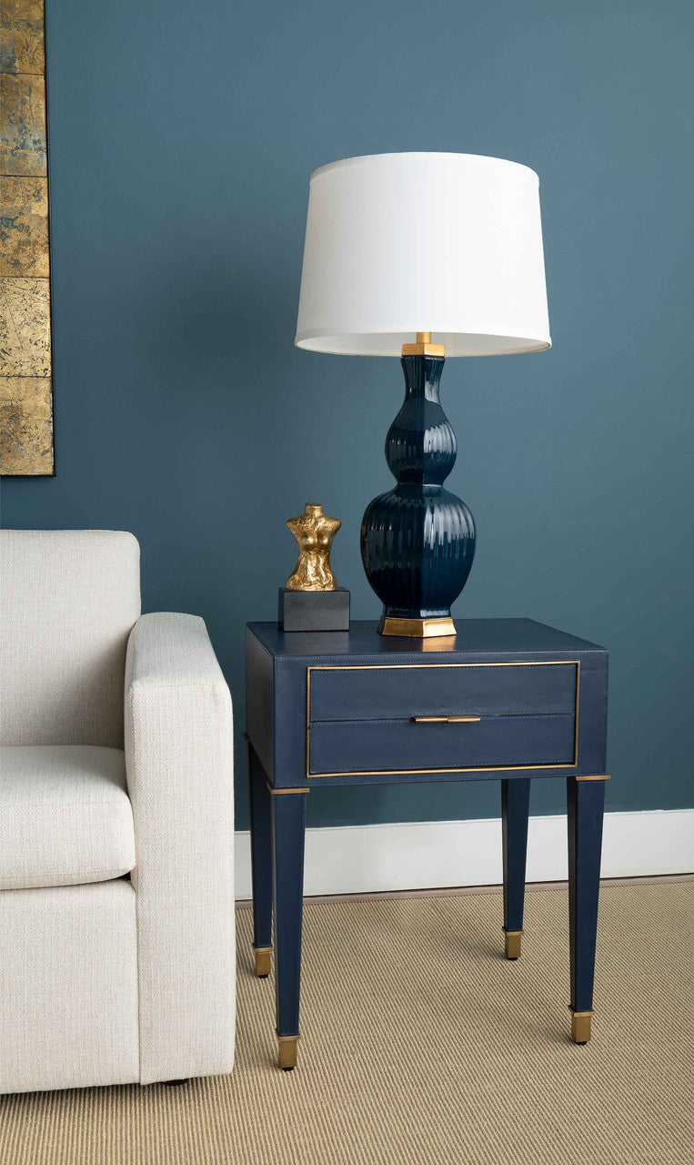 Villa & House Delft Lamp with Shade 16-inch White Linen, with Gold, Navy Blue