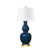Villa & House Delft Lamp with Shade 16-inch White Linen, with Gold, Navy Blue