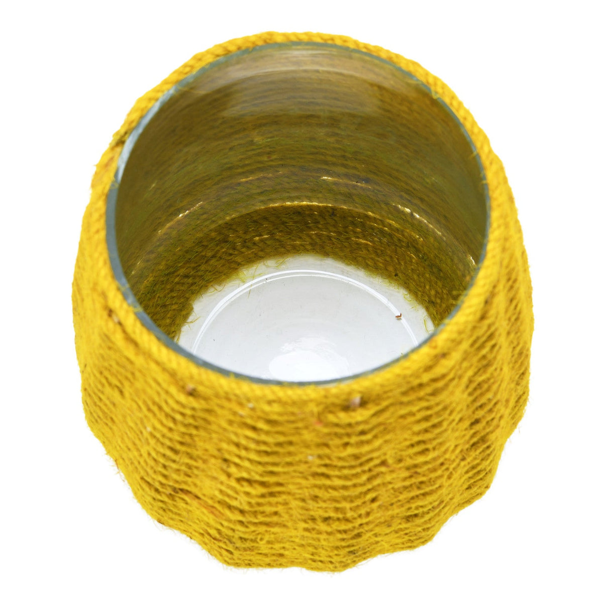Yellow woven candle holder on a white background