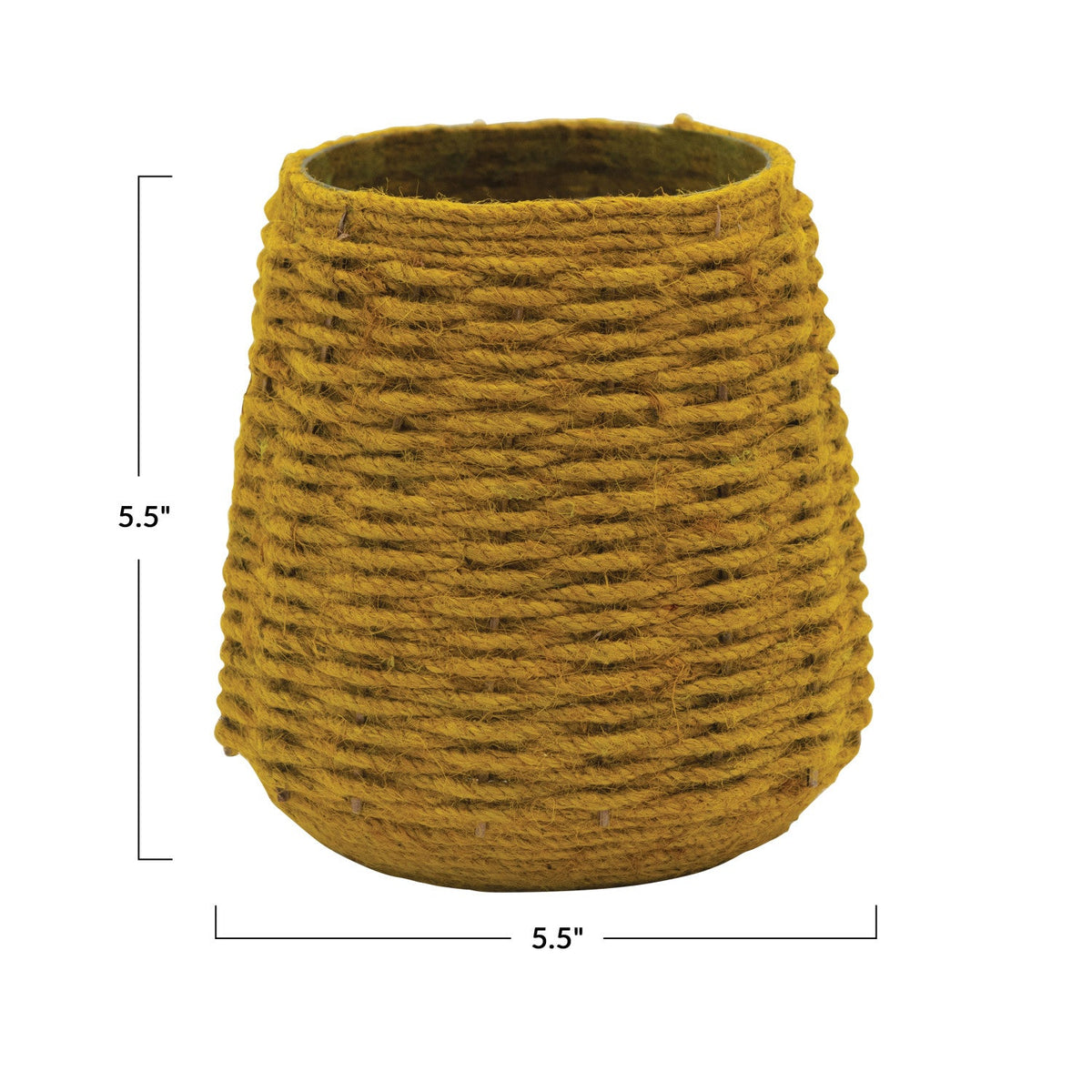 Yellow woven basket with dimensions on a white background