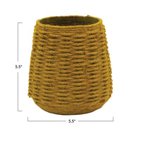Yellow woven basket with dimensions on a white background