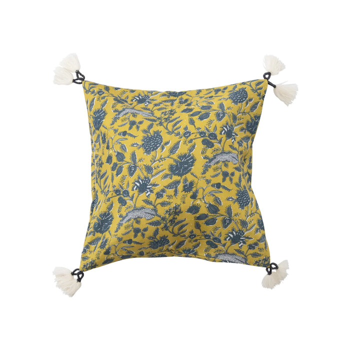 Design Shop 18" Cotton Pillow w/ Floral Pattern & Yarn-Wrapped Tassels, Polyester Fill