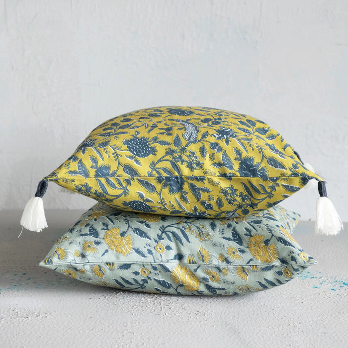 Design Shop 18" Cotton Pillow w/ Floral Pattern & Yarn-Wrapped Tassels, Polyester Fill