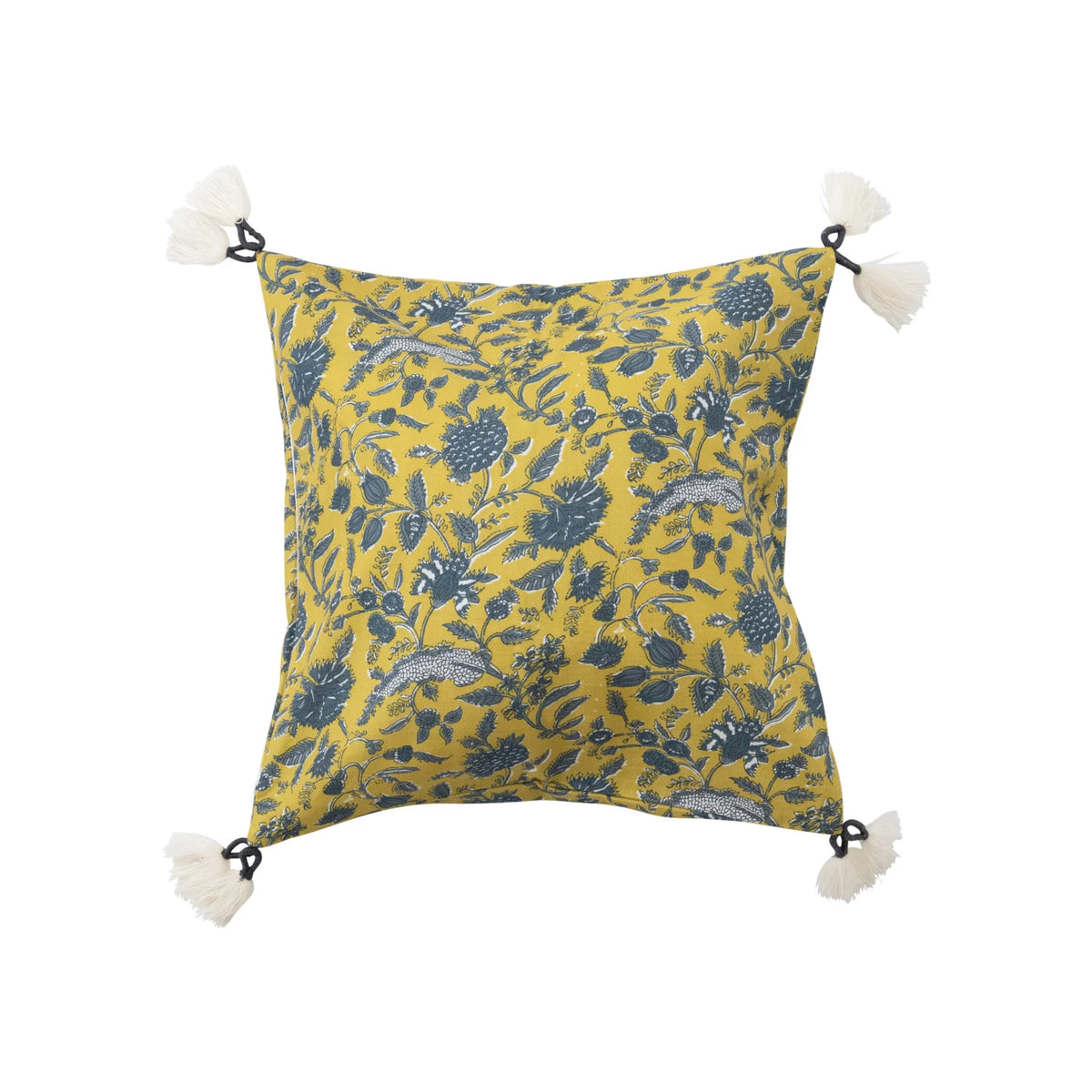 Design Shop 18" Cotton Pillow w/ Floral Pattern & Yarn-Wrapped Tassels, Polyester Fill