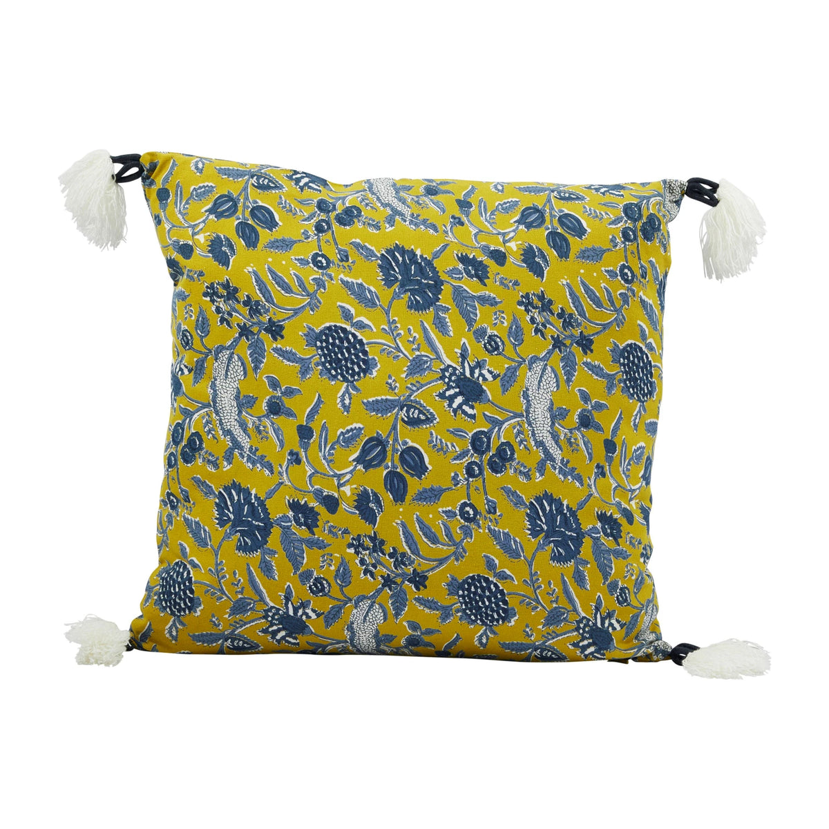 Design Shop 18" Cotton Pillow w/ Floral Pattern & Yarn-Wrapped Tassels, Polyester Fill