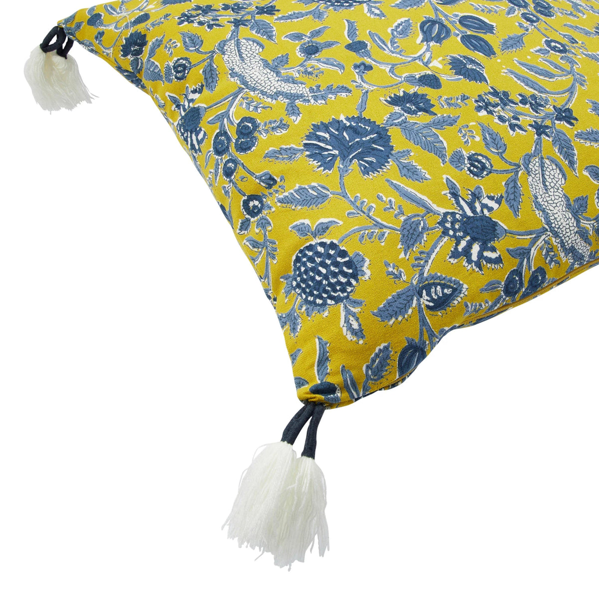 Design Shop 18" Cotton Pillow w/ Floral Pattern & Yarn-Wrapped Tassels, Polyester Fill