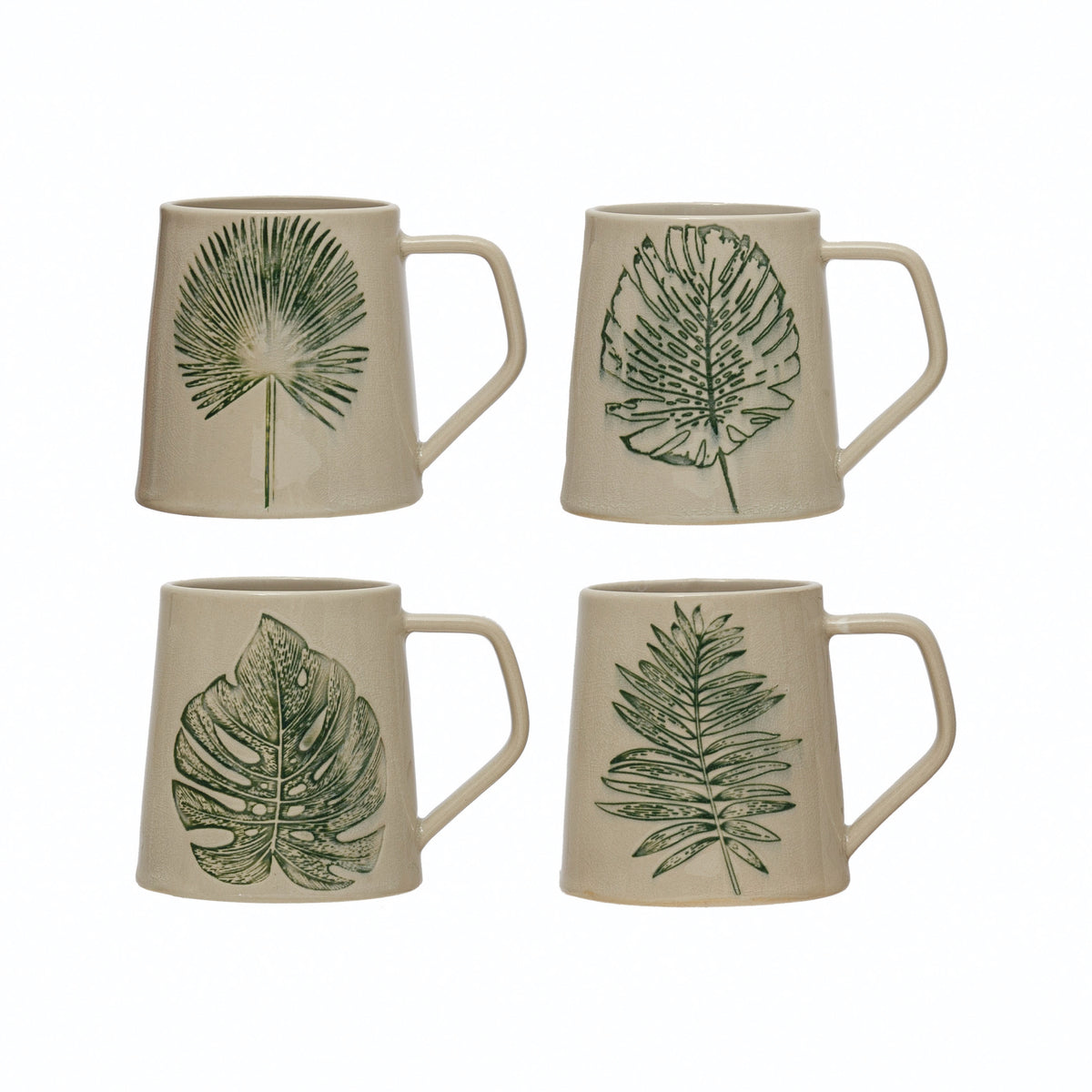 Design Shop 14 oz. Stoneware Mug with Debossed Leaf, Reactive Crackle Glaze. Set of 4.