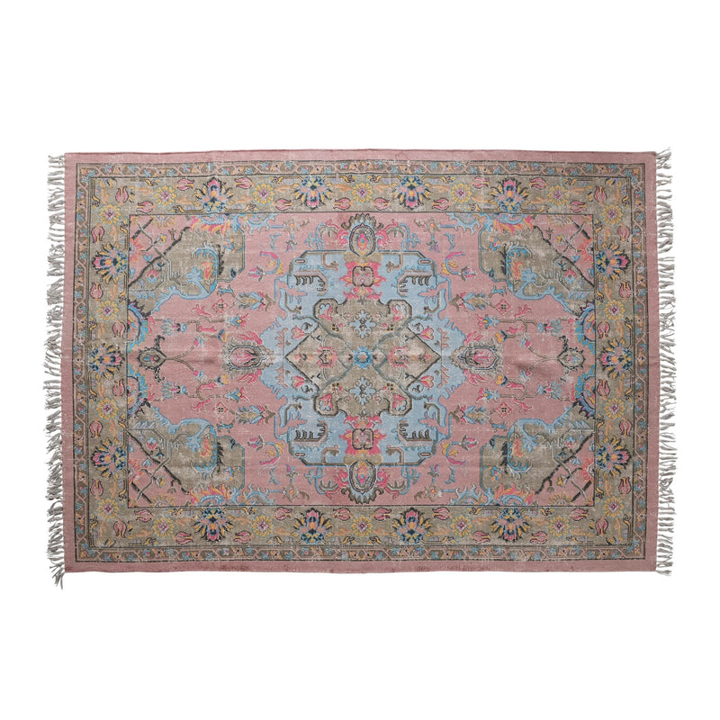 Design Shop Woven Cotton Distressed Print Dhurrie Rug with Fringe
