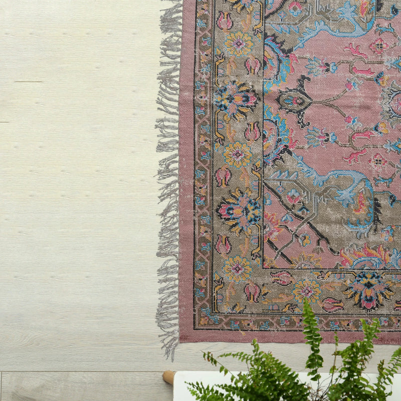 Design Shop Woven Cotton Distressed Print Dhurrie Rug with Fringe