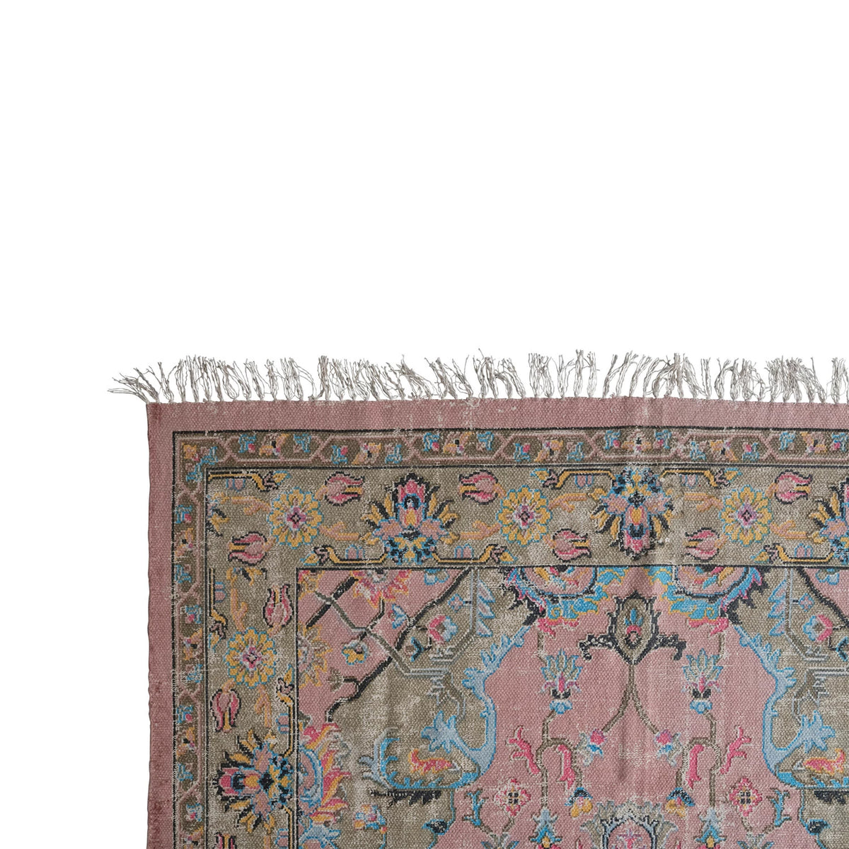 Design Shop Woven Cotton Distressed Print Dhurrie Rug with Fringe