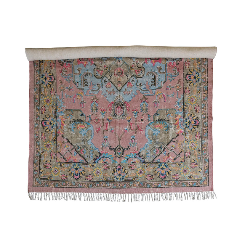 Design Shop Woven Cotton Distressed Print Dhurrie Rug with Fringe
