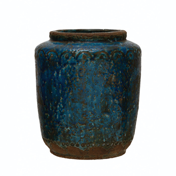 Design Shop Debossed Terra-cotta Vase, Distressed Blue Finish