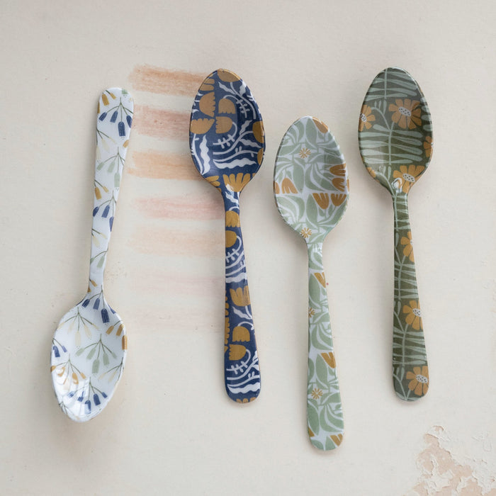 Design Shop Enameled Stainless Steel Spoon w/ Flowers. Set of 4.