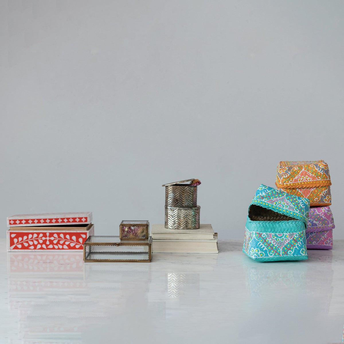 Design Shop Hand-Painted Bamboo Containers w/ Lids & Design, Multi Color. Set of 3.