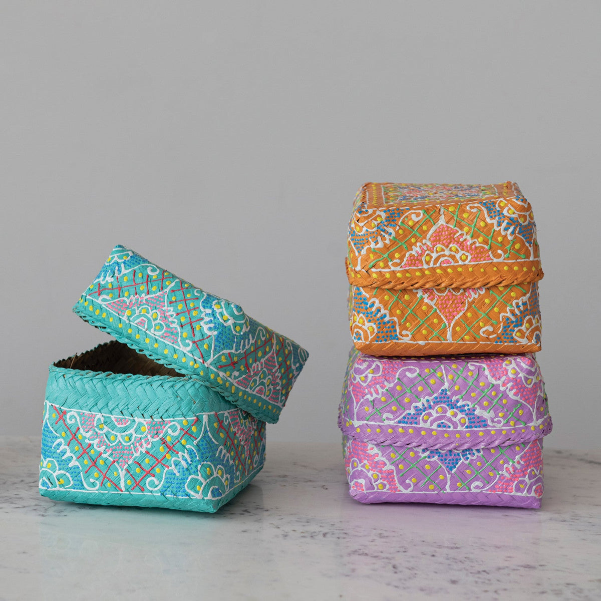 Design Shop Hand-Painted Bamboo Containers w/ Lids & Design, Multi Color. Set of 3.