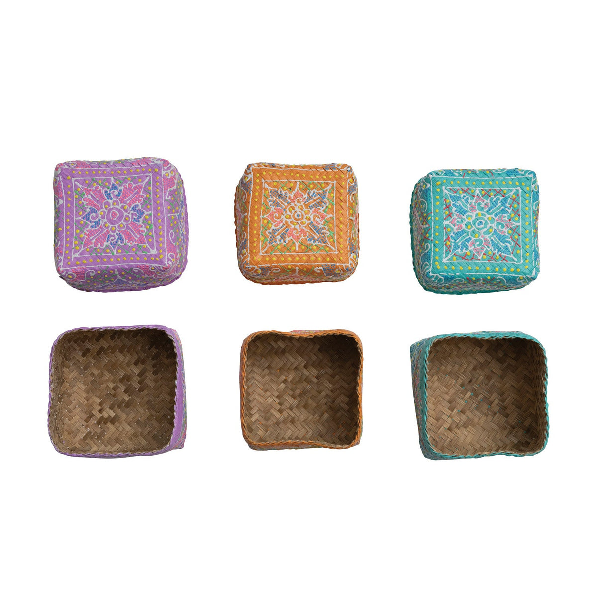 Design Shop Hand-Painted Bamboo Containers w/ Lids & Design, Multi Color. Set of 3.