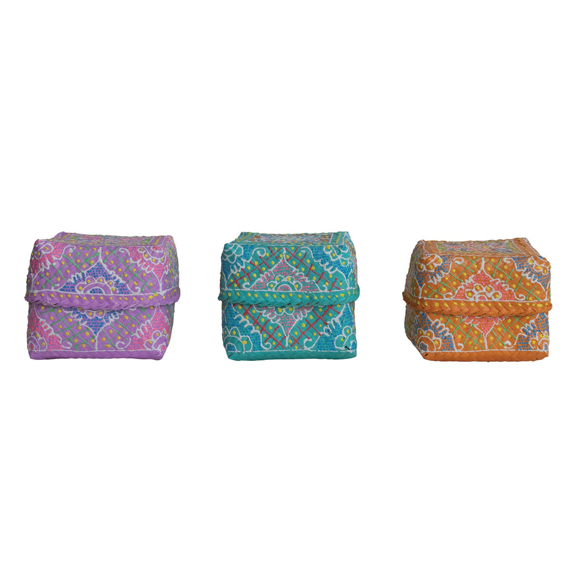 Design Shop Hand-Painted Bamboo Containers w/ Lids & Design, Multi Color. Set of 3.