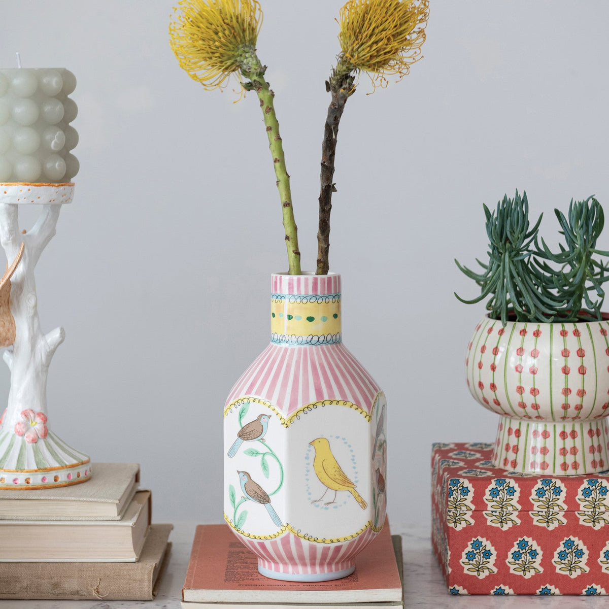 Design Shop Ceramic Vase w/ Birds, Multi Color