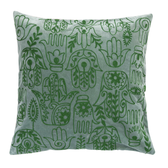Design Shop Cotton Velvet Embroidered Pillow w/ Hamsa Hand Pattern & Chambray Back, Polyester Fill
